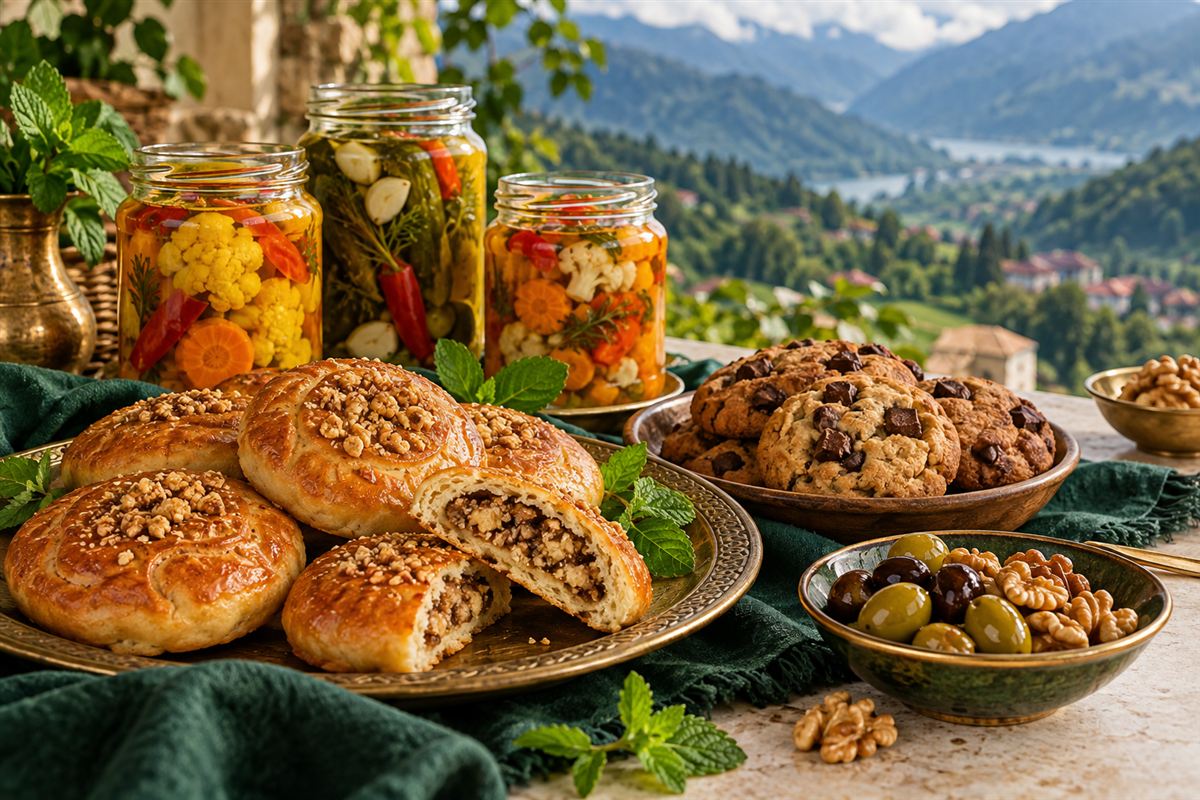 تصویر الهامبخش از کلوچه، کوکی و ترشیجات در چیدمانی سبز و طلایی
